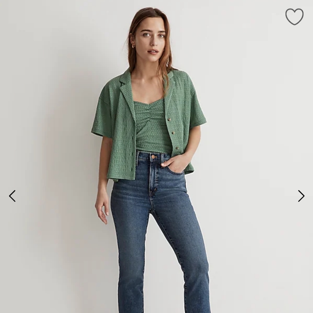 Madewell Trellis Green Crinkle-Knit Button-Front Top